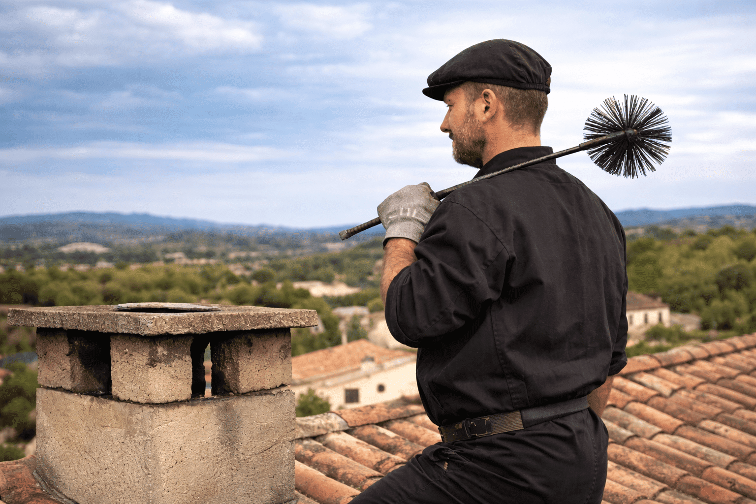 Ramoneur sur les toits d'une maison à Valréas dans le vaucluse