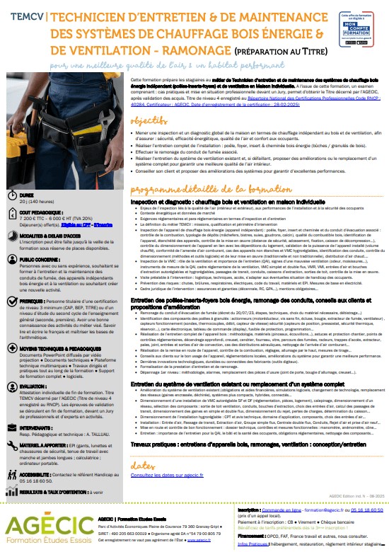 Diplome de TEMCV -Technicien(ne) Entretien & Maintenance Chauffage bois indépendant et Ventilation - Ramonage